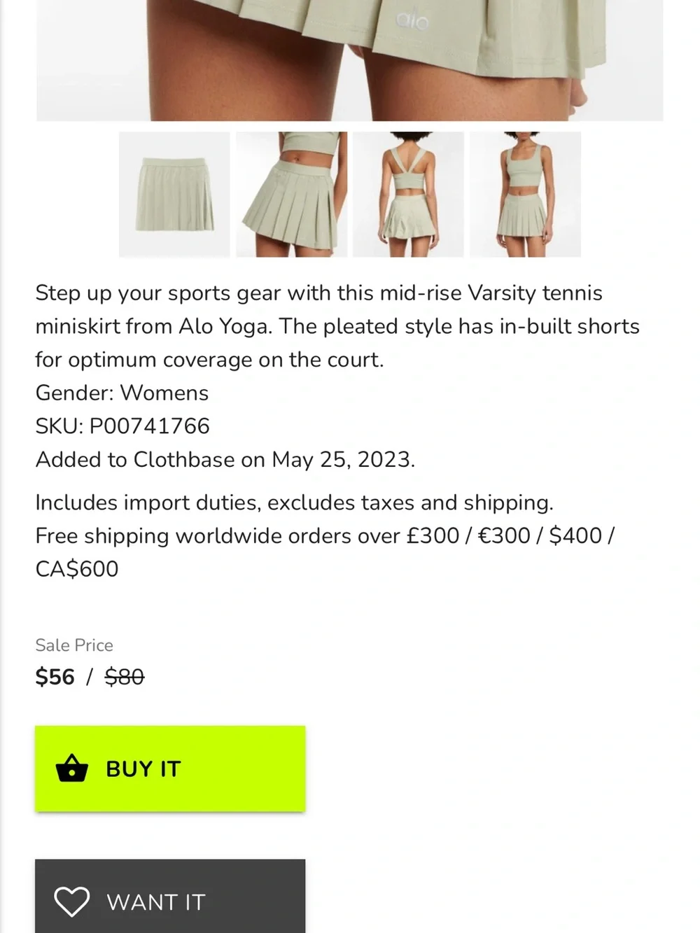 ALO Yoga Varsity Tennis Skirt - Limestone